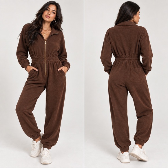 Fabletics Pants - Fabletics Brown Fleece Cinched Waist Jumpsuit NWT